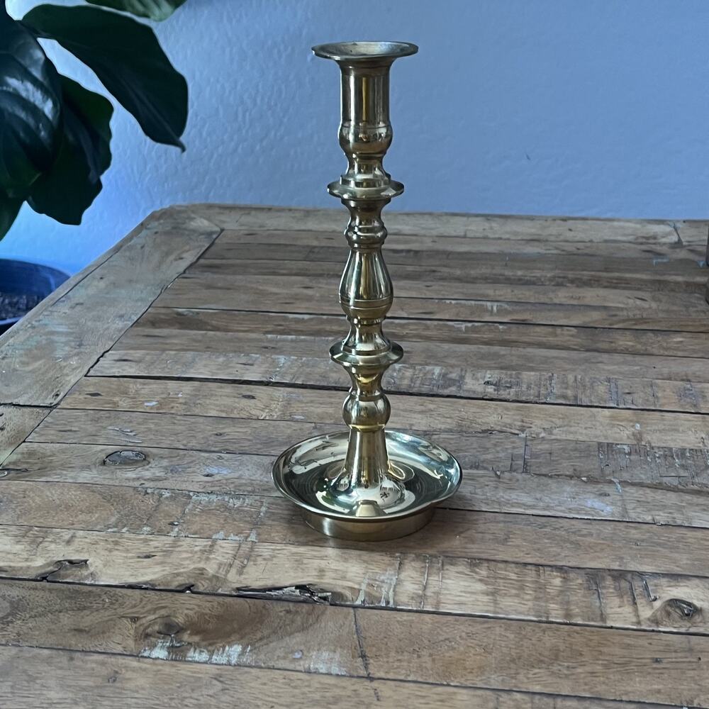Brass Candlestick Holder 10" Tall Classic Baluster Stem Flared Drip Pan Base
